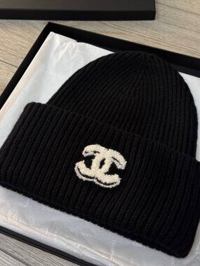 CHANEL Black Knit Beanie with White Logo